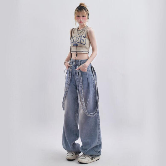 Pantalones Casuales Vintage Desgastados con Diseño de Cinta Minoritaria