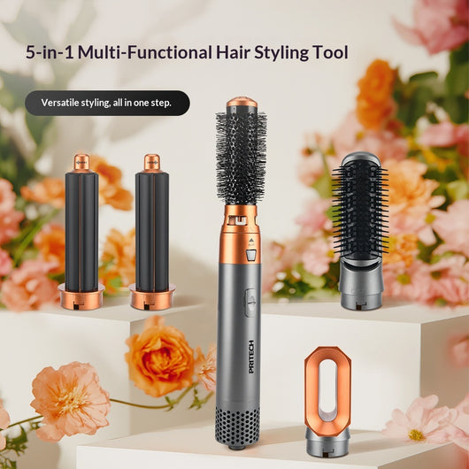 5-in-1 multifunctional hair styler with dark gray handle and rose gold accents, including hot air comb, curling wands, and paddle brush attachments, plus a blac