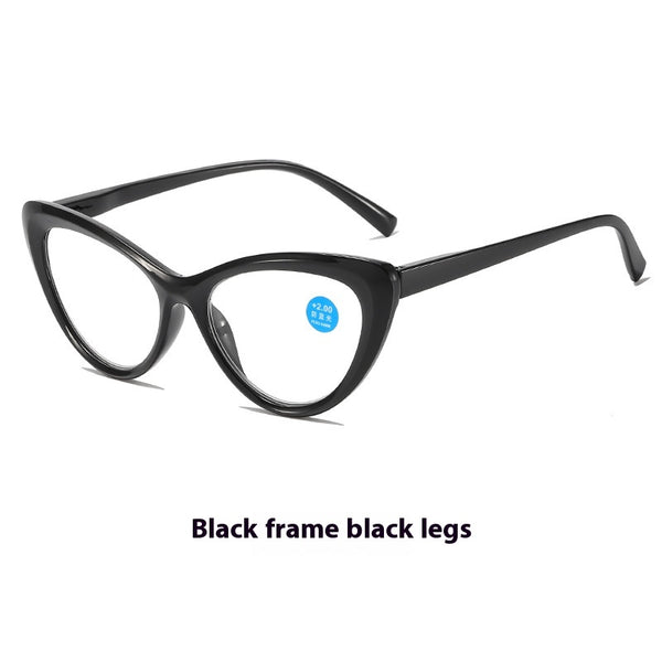 Black cat-eye anti-blue light reading glasses with green patterned temples on a white background. - Image 8