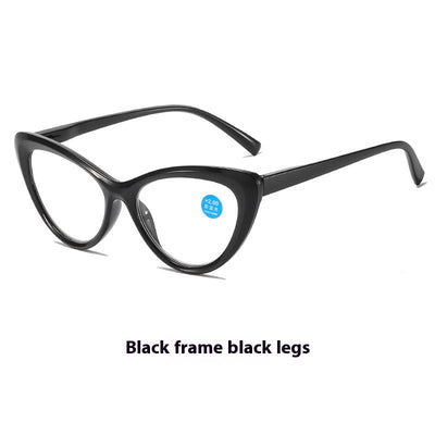 Black cat-eye anti-blue light reading glasses with green patterned temples on a white background. - Image 8