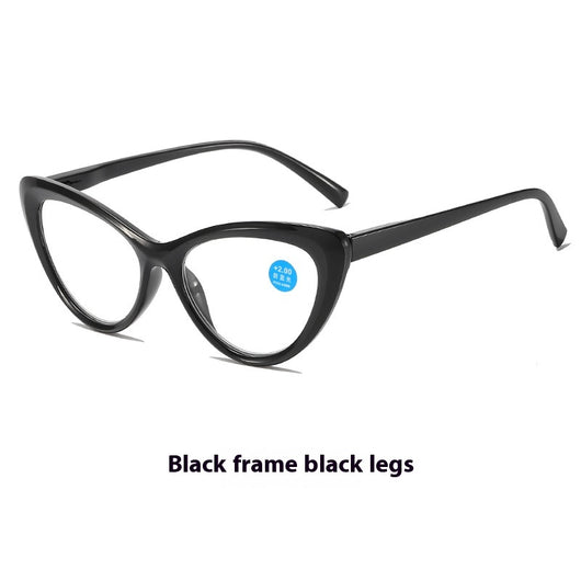 Black cat-eye anti-blue light reading glasses with green patterned temples on a white background. - Image 8