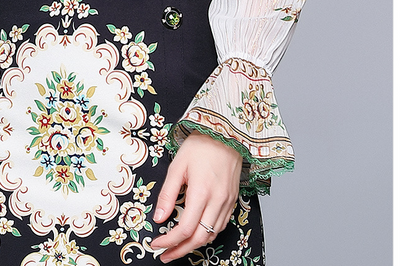 Conjunto de Dos Piezas: Blusa de Gasa con Cuello Mao y Estampado de Moño + Falda - Image 12