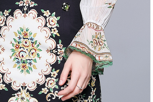 Conjunto de Dos Piezas: Blusa de Gasa con Cuello Mao y Estampado de Moño + Falda - Image 12