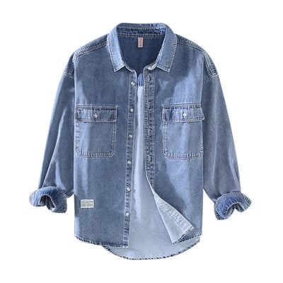 Camisa Denim Retro Vintage Lavado Doble para Hombre - Manga Larga Tono Claro - Image 4