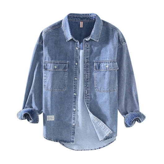 Camisa Denim Retro Vintage Lavado Doble para Hombre - Manga Larga Tono Claro - Image 4
