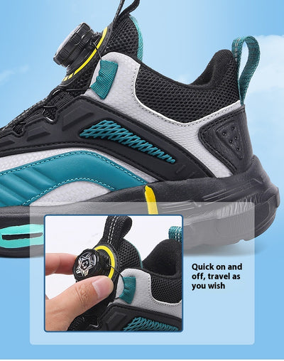 Black, white, and neon green children's basketball shoes with rotating buckle closure, featuring a mid-top design. - Image 10