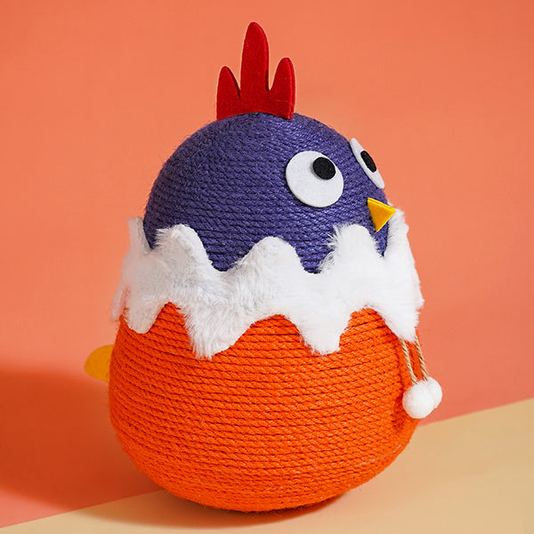 Purple and orange cotton rope cat toy shaped like a chick hatching from an egg with white faux fur trim. - Image 6