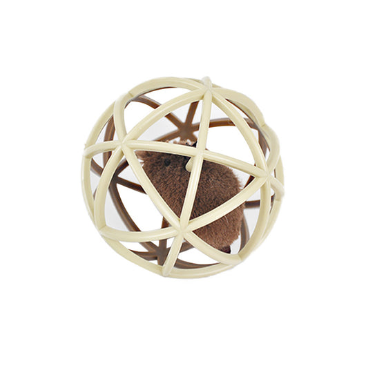 Beige plastic spherical cage pet toy with a brown furry mouse inside, designed for cats. - Image 5