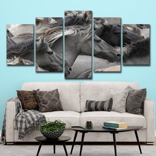 Cuadro Decorativo Grupo de Caballos Gris y Negro - Set de 5 Piezas para Sala y Dormitorio - Image 4