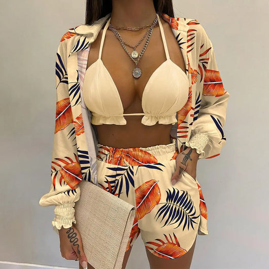 Women's three-piece beachwear set with neon yellow bikini top, floral print long-sleeve shirt, and matching shorts. - Image 2