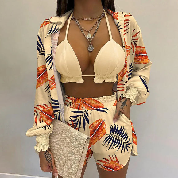 Conjunto de Traje de Baño Estampado de Tres Piezas para Mujer