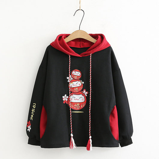 Sudadera con Capucha Gato de la Suerte y Bordado Sakura con Cordones - Image 8