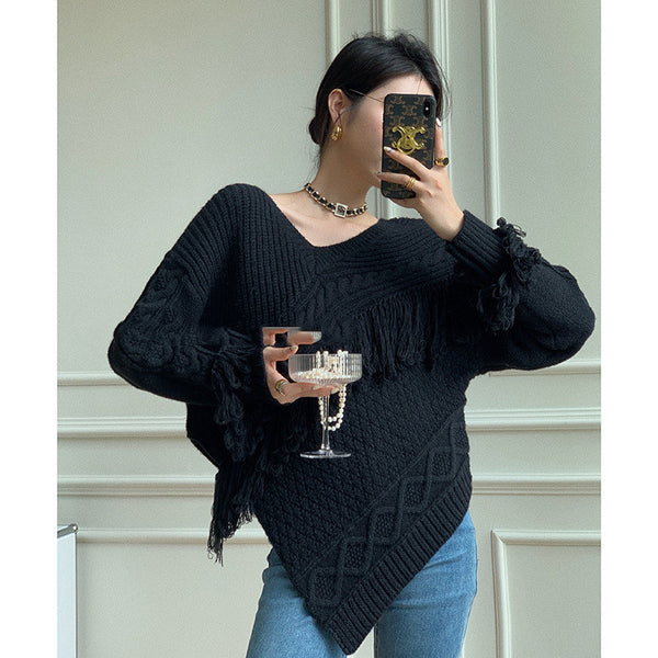Suéter Cuello V con Borlas - Diseño Elegante para Mujer