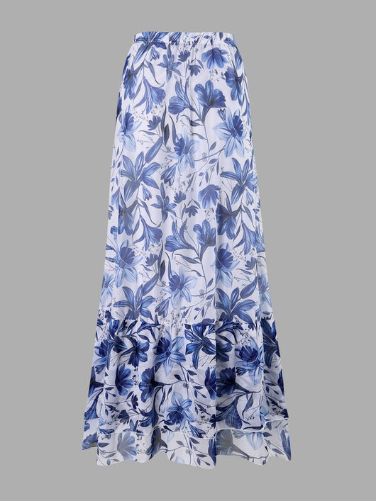 White and green floral print one-piece swimsuit with tie-shoulder straps and matching long chiffon skirt. - Image 21