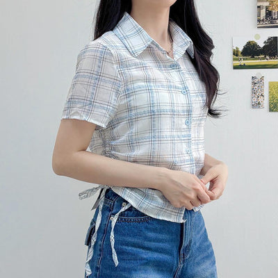 Camisa Cuadrille Retro con Pliegues Elegantes y Manga Corta - Image 6