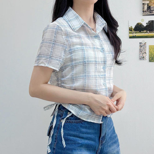 Camisa Cuadrille Retro con Pliegues Elegantes y Manga Corta - Image 6