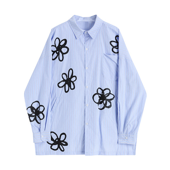 Camisa Estampada a Mano con Diseño Floral y Rayas
