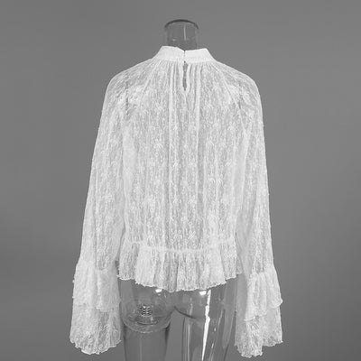 Blusa de Trabajo Blanca con Encaje Jacquard y Cuello Alto - Image 14
