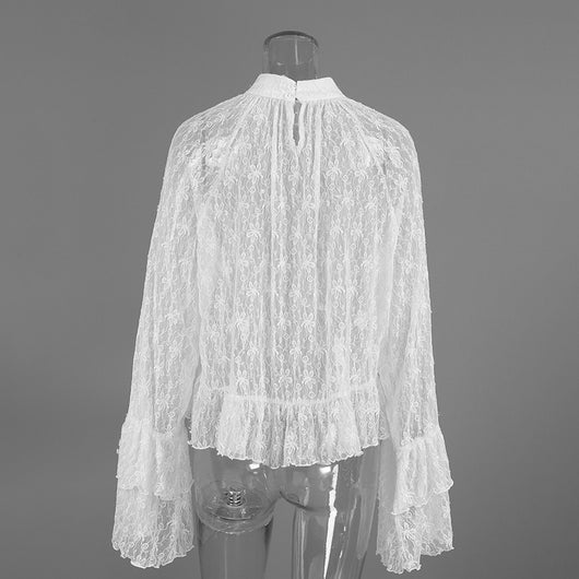 Blusa de Trabajo Blanca con Encaje Jacquard y Cuello Alto - Image 14