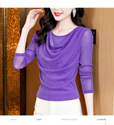 Blusa Elegante de Seda Brillante con Cuello Redondo y Manga Larga - Image 14