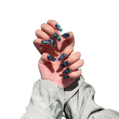 Uñas Postizas Diseño Gato Ojos de Gato Cielo Estrellado Azul con Removedor UV - Image 4