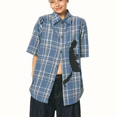 Camisa Cuadriculada Azul Holgada de Manga Corta