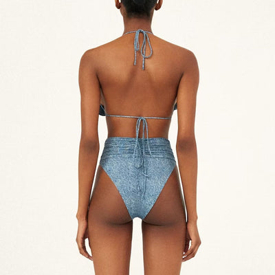 Blue 3D flower decoration halter lace-up bikini with high-waisted bottoms and matching sarong. - Image 3