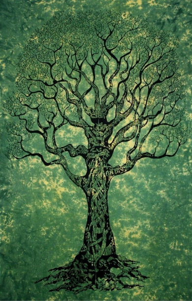 Green and black tree of life wall tapestry with intricate branches and roots, featuring a psychedelic tie-dye background. - Image 2