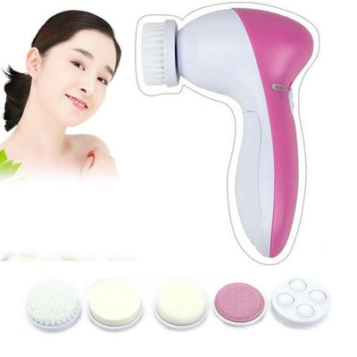 White electric facial cleanser with multiple brush and sponge attachments in an open translucent teal carrying case. - Image 4