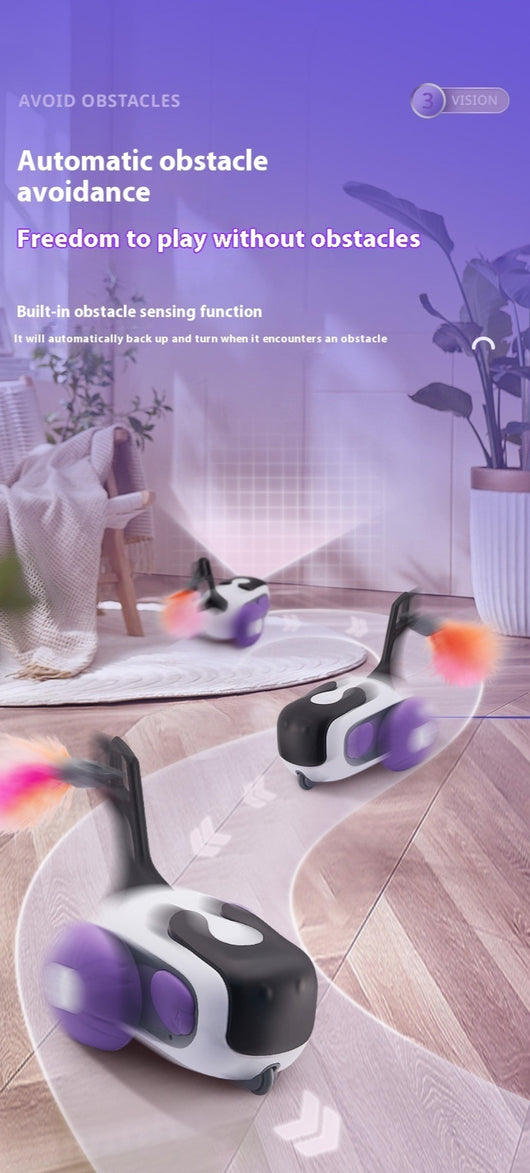 White and black remote control cat toy car with purple wheels and an orange feather, next to a white cat-shaped remote. - Image 11