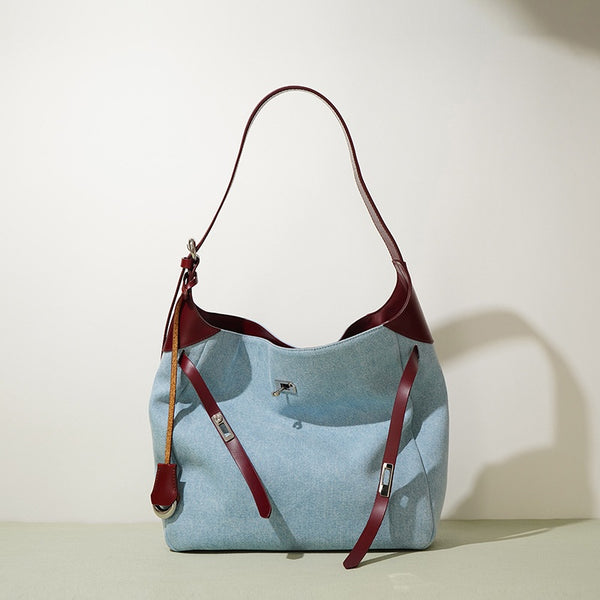 Bolso Tote de Cuero Premium con Detalles Denim - Gran Capacidad