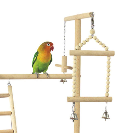 Wooden parrot play stand with perches, ladder, stainless steel food cups, and hanging bells, featuring a lovebird. - Image 10