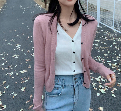 Cardigan Tejido Falsa Dos Piezas Mujer Cuello V Manga Larga - Image 14
