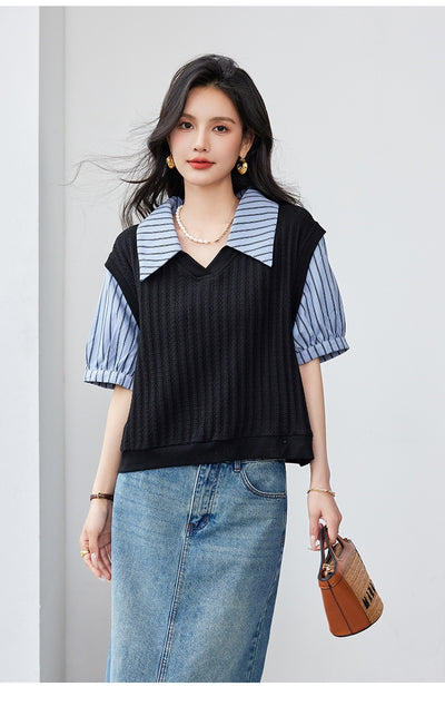 Blusa Esbeltecedora de Dos Piezas con Rayas y Mangas Puff - Image 16