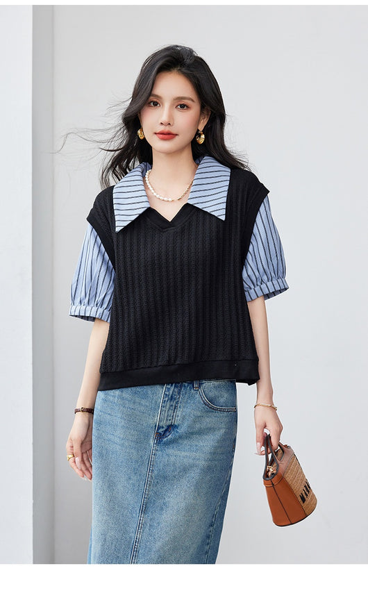 Blusa Esbeltecedora de Dos Piezas con Rayas y Mangas Puff - Image 16