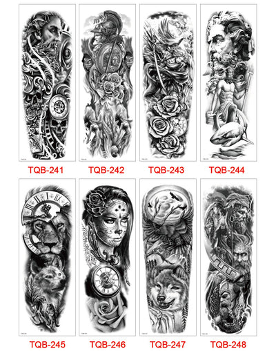 Full arm temporary tattoo sticker with a black, red, and light blue tribal design, featuring abstract shapes and patterns. - Image 56