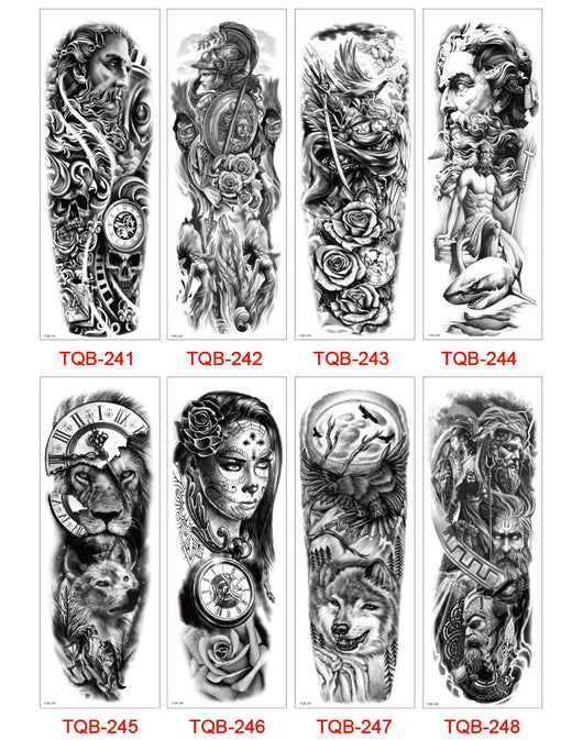 Full arm temporary tattoo sticker with a black, red, and light blue tribal design, featuring abstract shapes and patterns. - Image 56