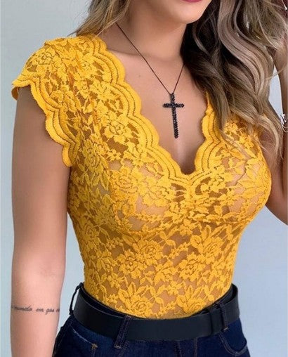 Top Tirantes Encaje Mujer Escote V Sensual sin Varillas