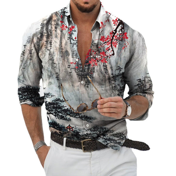 Camisa Casual de Manga Larga con Estampado de Paisaje Hawaiano para Hombre
