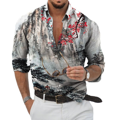 Camisa Casual de Manga Larga con Estampado de Paisaje Hawaiano para Hombre