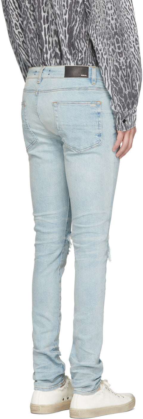 Pantalones Jeans Slim Fit Azul Claro Rotos con Parches para Hombre
