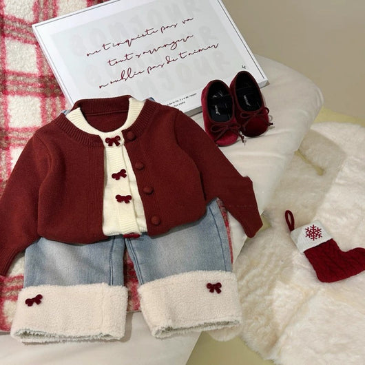 Pantalón Vaquero Acolchado con Sudadera de Lana para Niña - Diseño Lazo Rojo Love - Image 5
