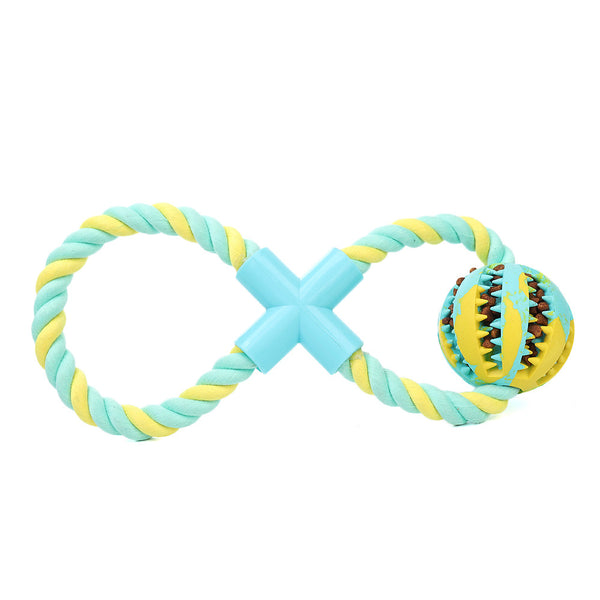 Yellow and light blue figure-eight rope dog toy with a light blue connector and a treat-dispensing rubber ball.