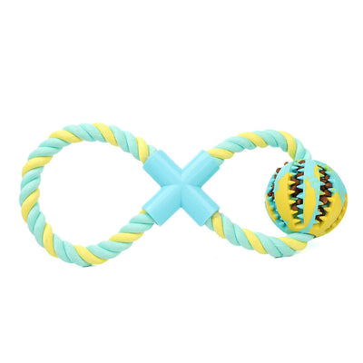 Yellow and light blue figure-eight rope dog toy with a light blue connector and a treat-dispensing rubber ball.