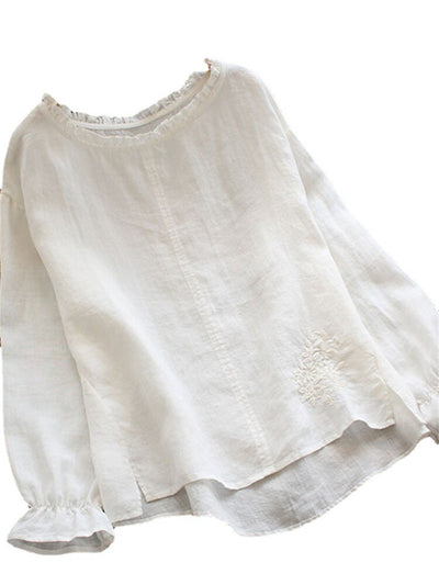 Blusa Suelta de Algodón y Lino con Cuello Bordado de Flor de Loto Japonesa - Image 3