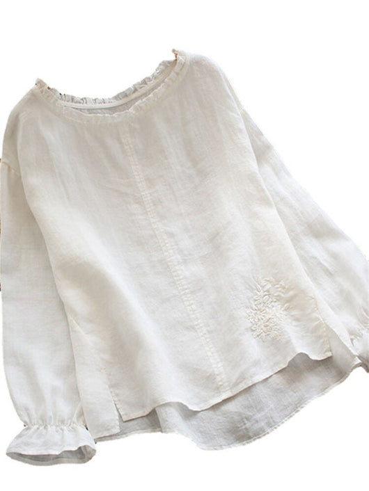 Blusa Suelta de Algodón y Lino con Cuello Bordado de Flor de Loto Japonesa - Image 3