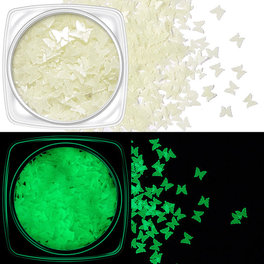 Polvo Luminoso con Lentejuelas y Stickers de Mariposas para Uñas