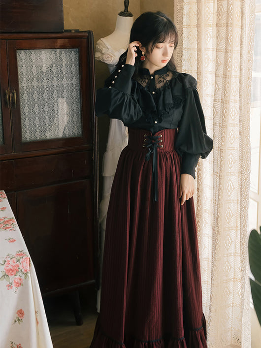 Conjunto Retro Elegante: Blusa Manga Larga y Falda Midi - Image 4