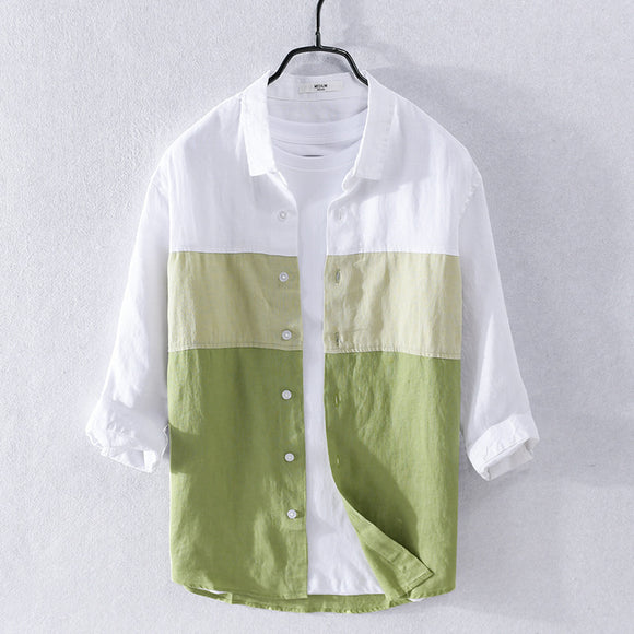 Camisa de Lino Hombre Manga 3/4 Combinada de Colores