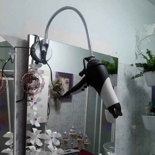Hands-free hair dryer holder with a flexible silver gooseneck arm and a black suction cup base, holding a black hair dryer. - Image 3